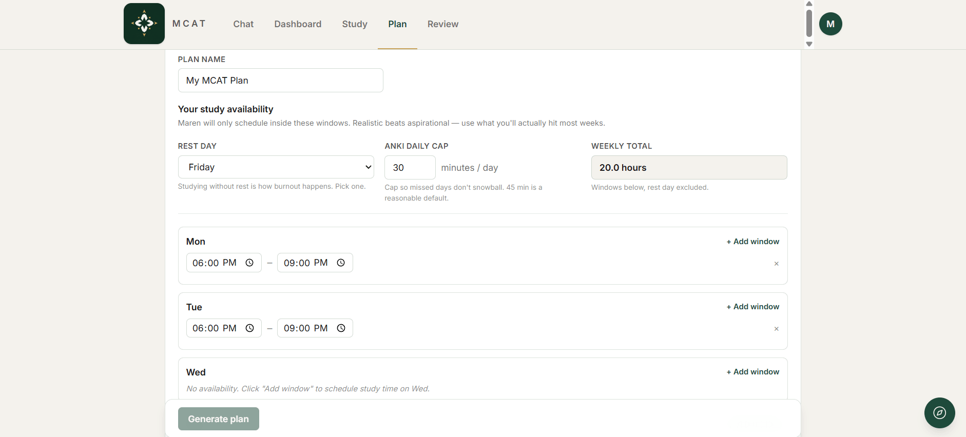A weekly study plan with daily tasks and recommended resources.