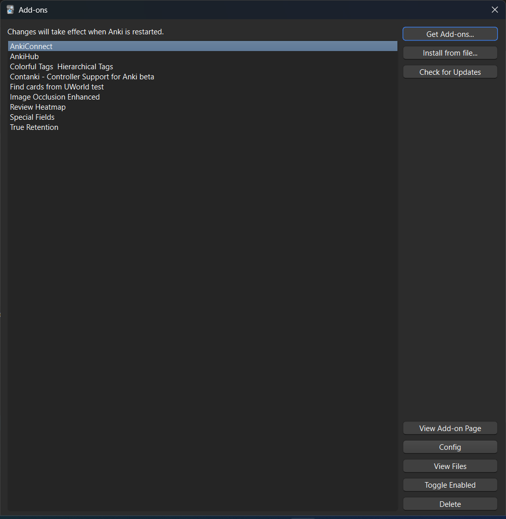 The Anki Add-ons window with AnkiConnect selected and the Config button